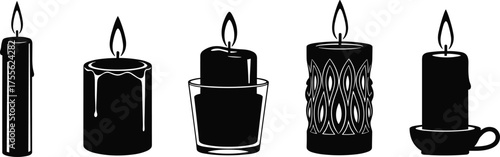 Candle vector set, lit pillar designs, black silhouette icons, ornate holders, spooky decor, Halloween theme, home ambiance, stock illustration