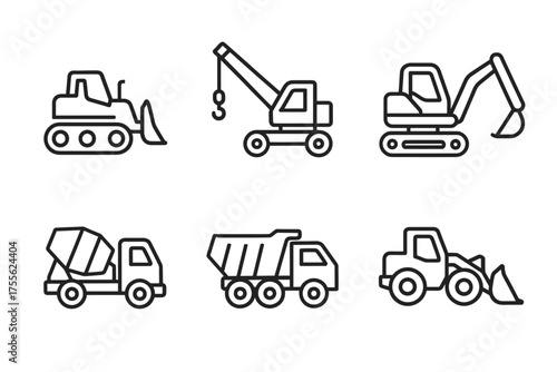 Outline icons of construction vehicles: bulldozer, crane, excavator, mixer, dump truck, loader