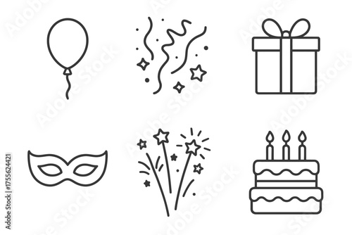 Celebration icons: balloon, gift, mask, fireworks, birthday cake