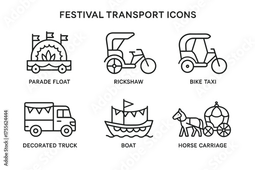 Festival transport icons: parade float, rickshaw, bike taxi, decorated truck, boat, horse carriage
