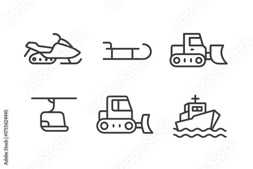 Outline icons of winter vehicles and machines: snowmobile, sled, snowplow, cable car, ship