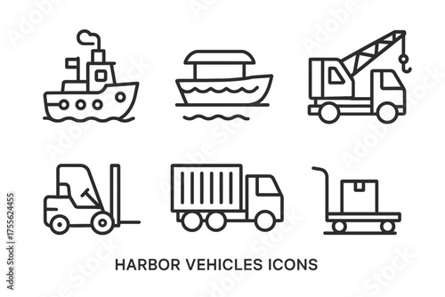 Harbor vehicles icons: boat, ship, crane, forklift, truck, cart outlines