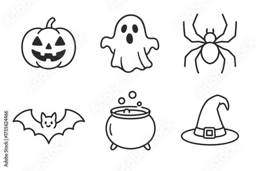Halloween icons: pumpkin, ghost, spider, bat, cauldron, witch hat for spooky designs