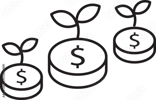 Growing money, investment, and financial growth concept with three coin stacks featuring dollar signs and sprouting plants, symbolizing prosperity and economic success