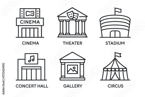 Icon set of entertainment venues including cinema, theater, stadium, concert hall, gallery, and circus