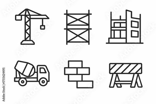 Construction icons set: crane, scaffolding, building, cement truck, bricks, barrier