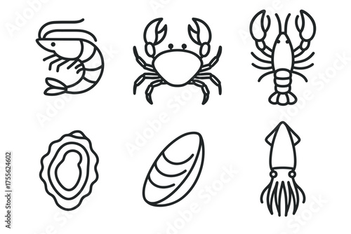 Outline icons of shrimp, crab, lobster, oyster, mussel, and squid in a simple design