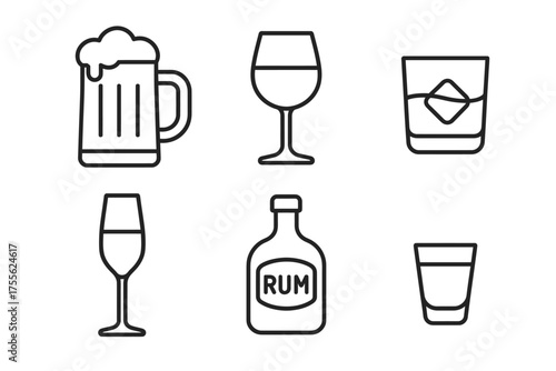 Set of alcoholic drink icons: beer, wine, whiskey, rum, champagne, shot glasses