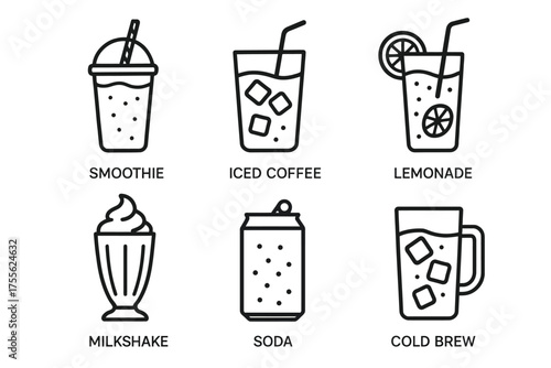 Variety of refreshing drink icons: smoothie, iced coffee, lemonade, milkshake, soda, cold brew