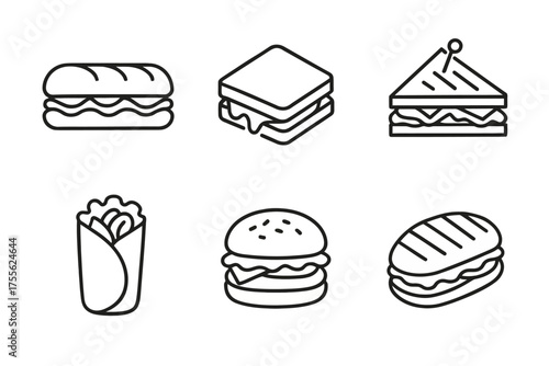 Collection of sandwich outline icons including burger, wrap, and panini