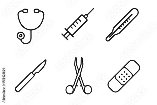Medical tools set with stethoscope, syringe, thermometer, scalpel, forceps, bandage