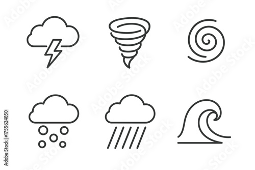 Weather icon set: cloud lightning, tornado, spiral, snow, rain, wave