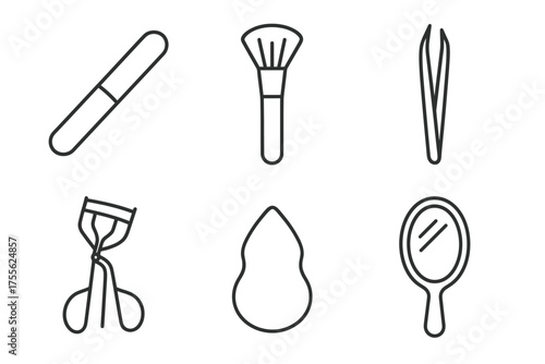 Minimalist beauty tools vector icon set – makeup essentials line art collection