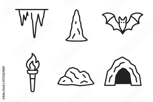 Cave adventure icons: stalactite, stalagmite, bat, torch, rocks, cave entrance