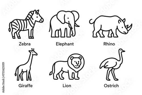 Outline drawing of six safari animals: zebra, elephant, rhino, giraffe, lion, ostrich