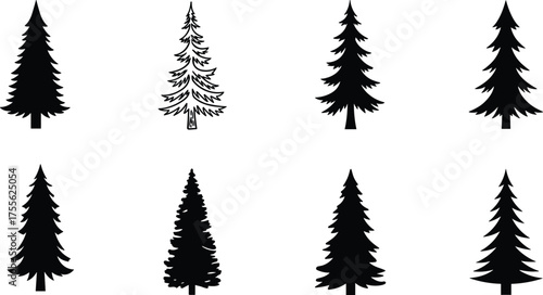 Evergreen tree silhouette set, conifer shapes, forest elements, pine tree icons, nature design, black vector illustration, minimal style, outdoor theme