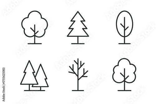 Simple tree icons set: various tree shapes in minimal line art