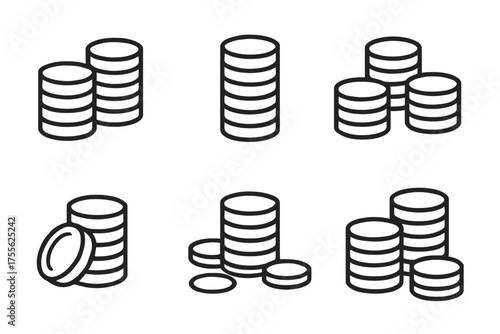 Set of coin stack icons in black and white minimalist style