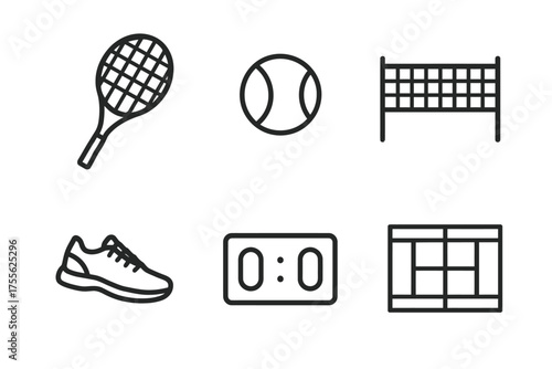 Tennis equipment and court icons: racket, ball, net, shoe, scoreboard, court layout