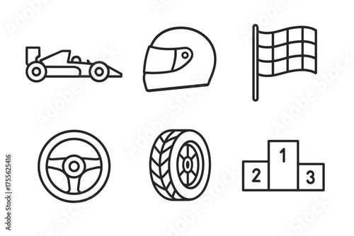 Racing icons: car, helmet, checkered flag, steering wheel, tire, podium