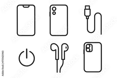 Minimalist smartphone accessories icons: charger, earbuds, power button, phone cases