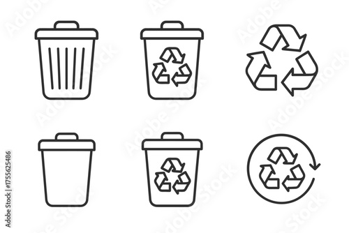 Outline icons of trash and recycling bins with recycling symbols