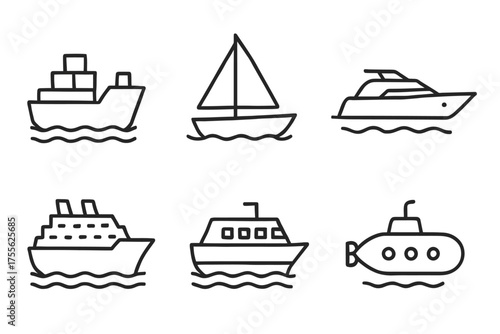 Icon set of boats and submarine illustrations in black and white