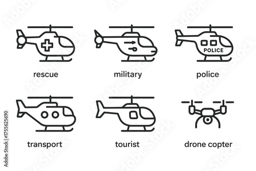 Line illustrations of rescue, military, police, transport, tourist helicopters and drone copter