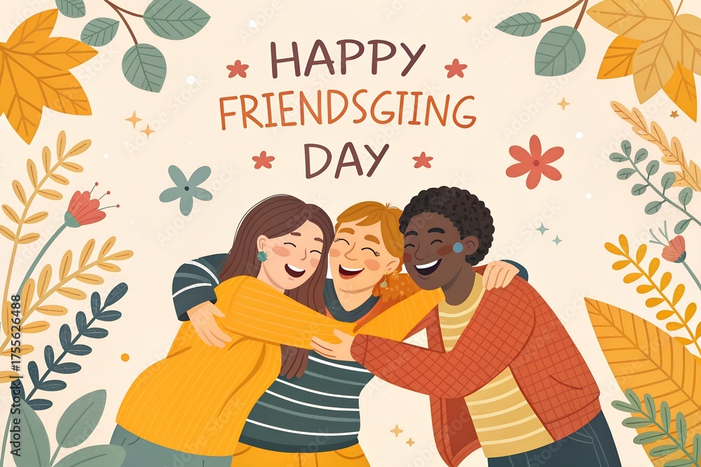Obraz premium Three diverse friends joyfully embracing and laughing together surrounded by autumn leaves and floral elements celebrating friendsgiving day with warm colors and a happy atmosphere