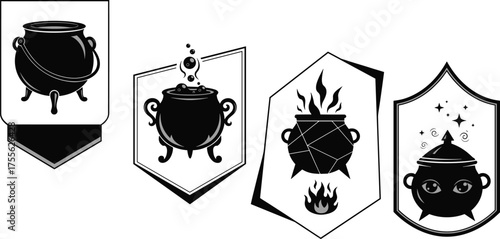 Magical cauldron icon set, fantasy potion symbols, shield frames, bubbling brew, witchcraft theme, vector illustration, mystical design, Halloween elements