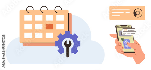 Calendar with wrench gear, cloud storage, hand holding phone for secure verification, and menu notification. Ideal for scheduling, planning, security, technology, productivity authentication task