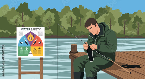Angler prepares tackle on a wooden pier with water safety information
