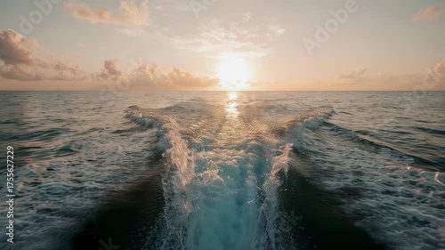 A boat navigates calm waters at sunrise, the wake trailing behind as the sun rises