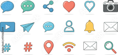 Social media icon set, communication symbols, speech bubble, heart, hashtag, camera, notification, user profile, vector illustration, colorful design