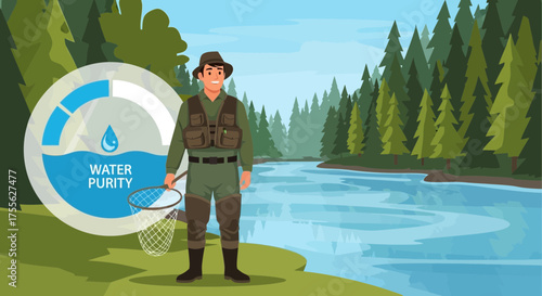 Water Purity Illustration with Fisherman by Tranquil River Environment and indicator