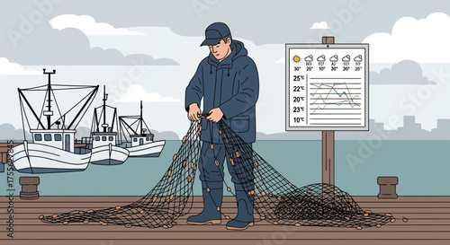 Seafarer preparing his fishing net on the dock with boats at the background