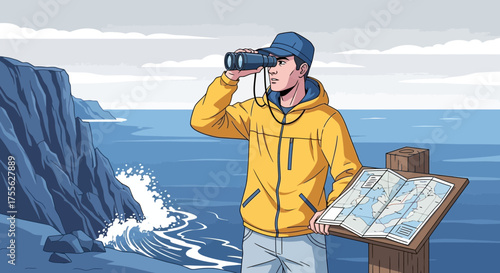 Coastal Explorer: Illustrated Man with Binoculars and Map Overlooking the Ocean