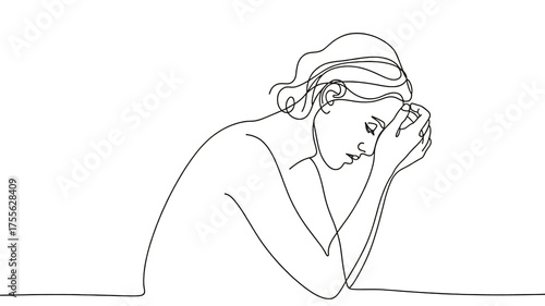 Minimalist outline depicting sorrowful woman with head in hands, feeling despair