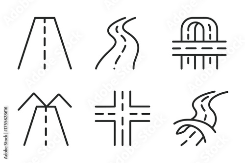 Minimalist road icons set featuring different highway and street designs