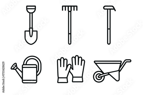 Set of basic gardening tools: shovel, rake, hoe, watering can, gloves, wheelbarrow