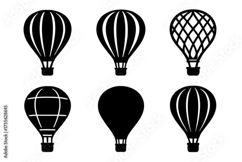 Collection of black hot air balloon silhouettes with various patterns and designs