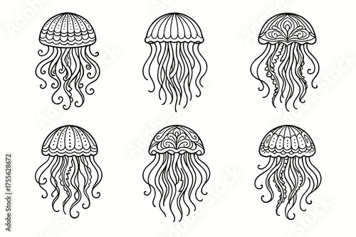 Set of six intricate jellyfish illustrations in black and white line art