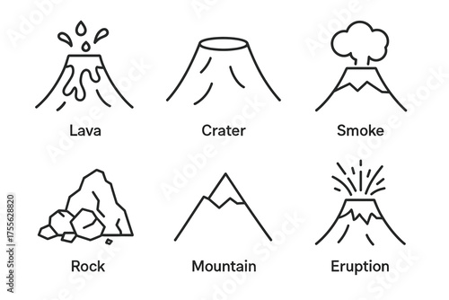 Volcano icons: lava, crater, smoke, rock, mountain, eruption in simple line art