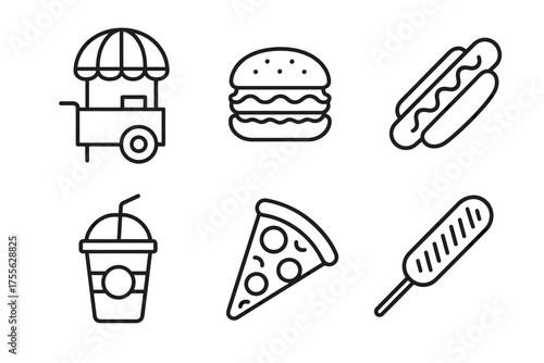 Outline icons of food: cart, burger, hotdog, drink, pizza, corn dog