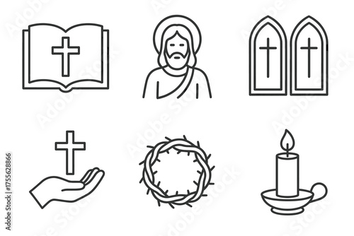 Christian symbols: bible, jesus, ten commandments, cross, crown of thorns, candle