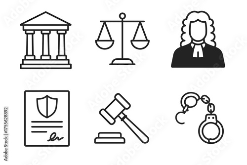 Law symbols: courthouse, scales, judge, document, gavel, handcuffs icons