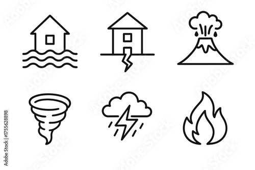 Natural disaster icons: flood, earthquake, volcano, tornado, storm, fire symbols
