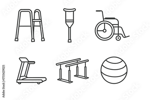 Mobility and fitness aids: walker, crutch, wheelchair, treadmill, parallel bars, exercise ball