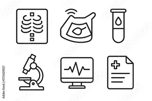Medical icons set featuring x-ray, ultrasound, test tube, microscope, monitor, and report