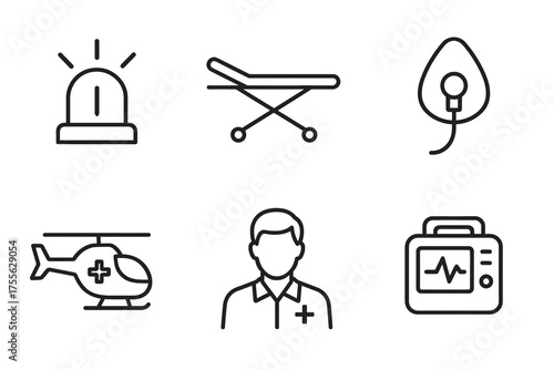 Emergency medical icons set: siren, stretcher, oxygen mask, helicopter, medic, defibrillator